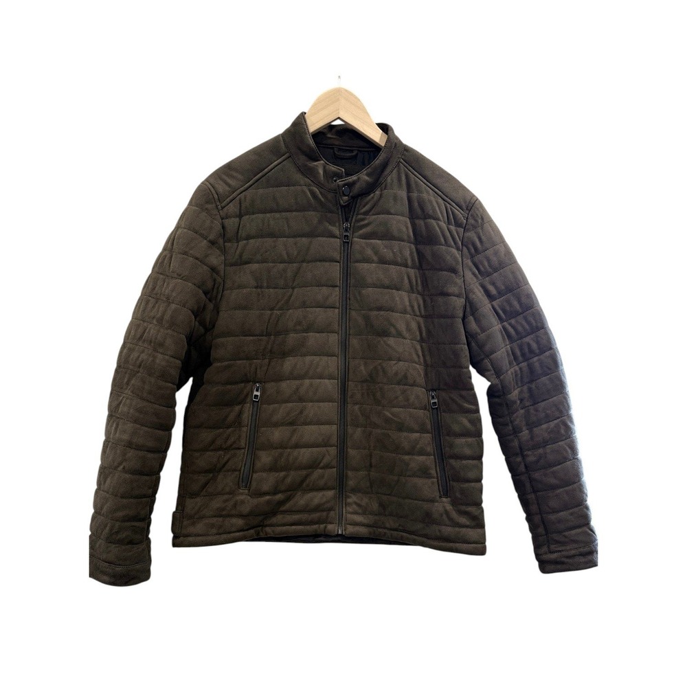 Zara Man Puffer Jacket Mens XL Brown Quilted Faux Suede Full Zip Biker